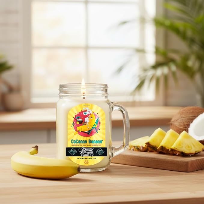 CoCanna Banana Scented Candle | Coconut & Ripe Banana Fragrance | Long-Lasting 90-Hour Burn | Large 12oz Mason Jar | Made in USA | Beamer Candle Co.