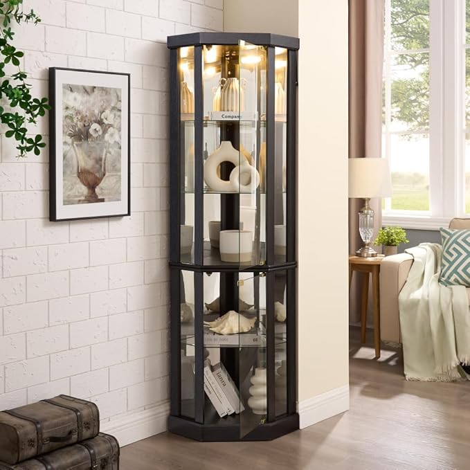 Corner Lighted Glass Curio Cabinet for Living Room Space Saving Vertical Tall Display Case with Light for Antique Wine Bar Glass Storage (Black)