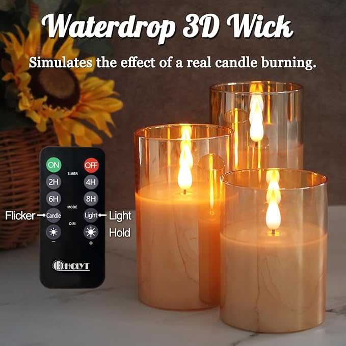 Rechargeable Flameless Candle, Flashing LED Pillar Real Wax Candle with Remote Control and Timer, Upgraded Teardrop Wick, Gold Glass Electronic Candle, 1 Set of 3