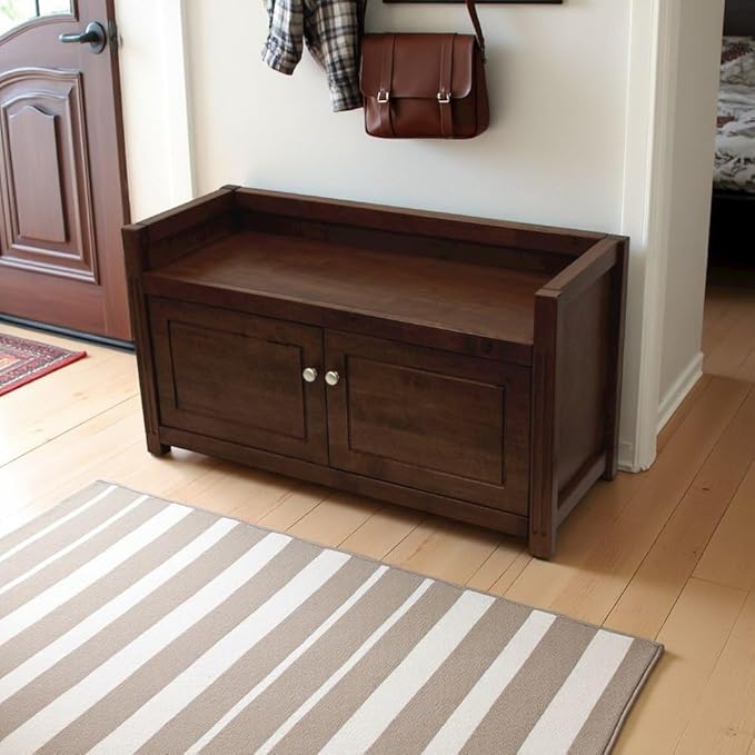 Furnifact Antique Walnut Storage Bench – Entryway Shoe Cabinet with Seat – Wooden Shoe Organizer Bench – Stylish and Functional Entryway Storage