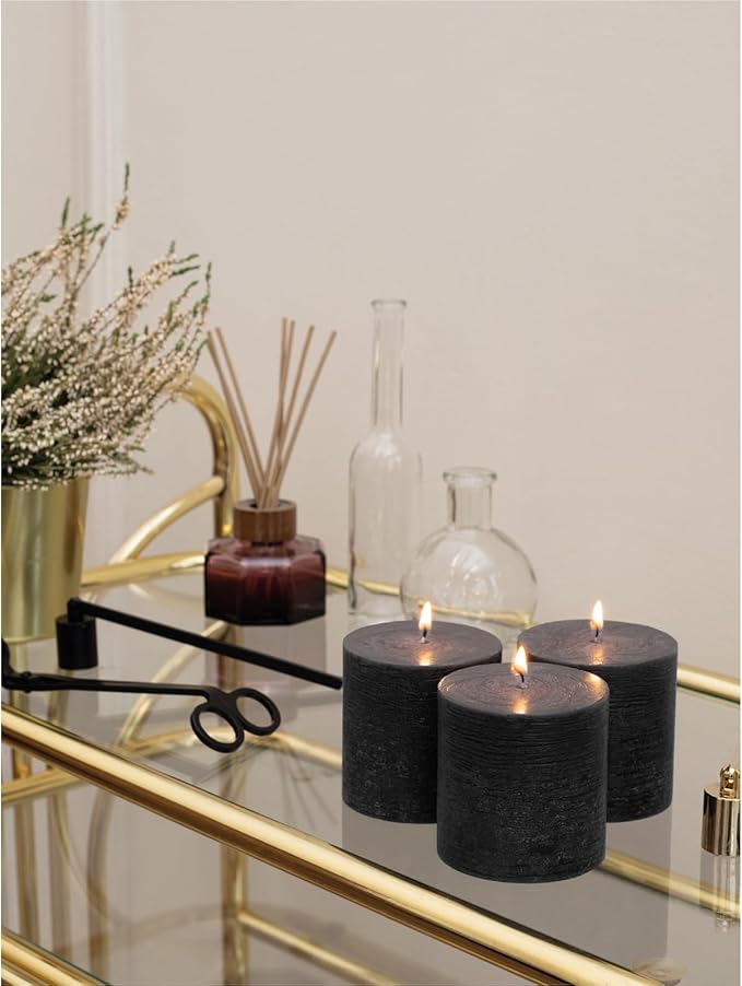 CANDWAX 3x3 Pillar Candles Set of 3 - Rustic Unscented No Drip Black Candles for Halloween Decor, Parties, Gothic Décor