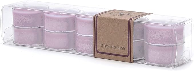 ECO CANDLE CO. Tea Light Candles, Pure Lilac, 10-Pack - Scents of Pure Lilac Bushes - Recyclable Plastic Cups, 100% Soy Wax, No Lead, Hand Poured, Made from Midwest Grown Soybeans, .6 oz. Each