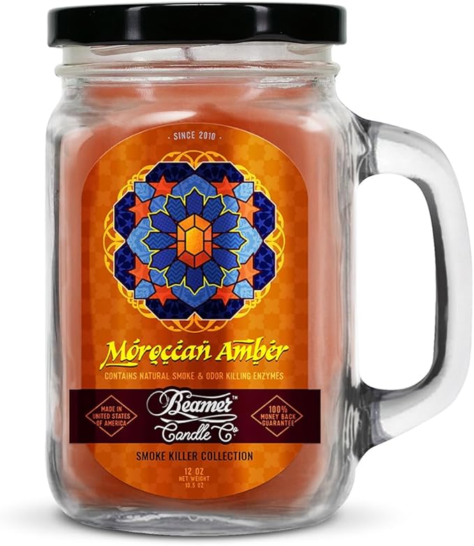 Moroccan Amber Candle – Odor Eliminating, Strong Scent – Warm Amber – Long Lasting 90 Hour Burn – Large 12oz Mason Jar – Made in USA – Beamer Candle Co.