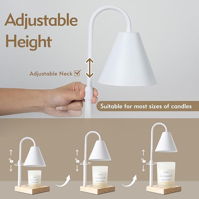 Electric Candle Lamp with Timer: Adjustable Height for All Size Jar Candles, Dimmable Light with 2 Bulbs for Bedroom Home Decor, Gifts for Women, White