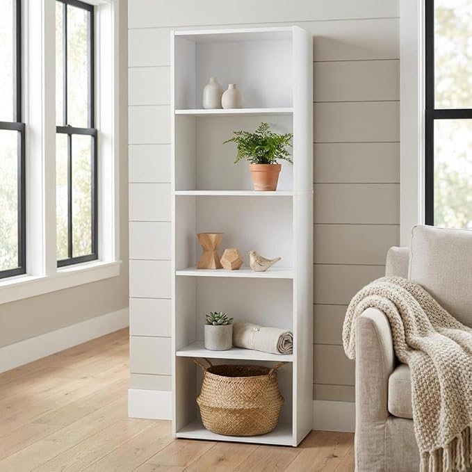 Furnifact White 5-Tier Reversible Color Open Shelf Bookcase, Versatile Storage Organizer, Durable Wood Construction, Modern Design for Living Room, Office