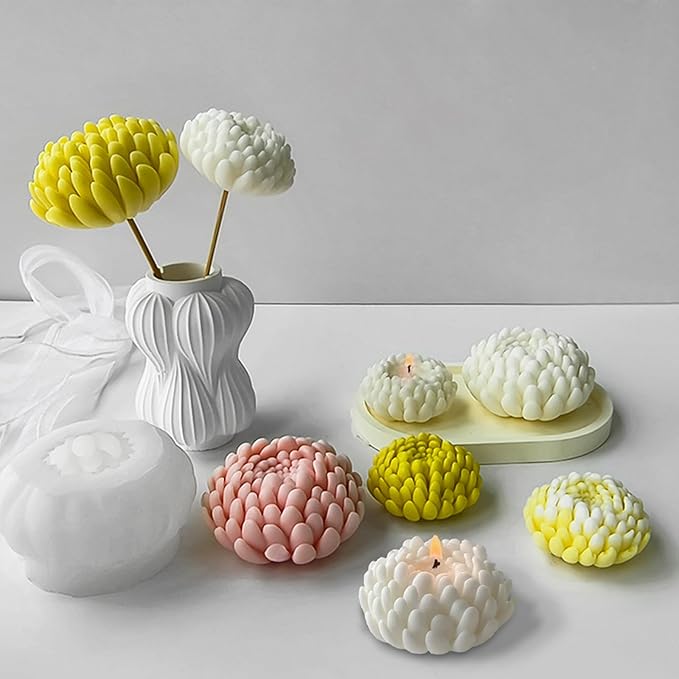3 Pack Flower Candle Molds, 3D Peony Mum Molds Set Large + Medium + Small Chrysanthemum Silicone Molds for Candles Soap Epoxy Resin Clay Plaster Home Décor Handmade Gift
