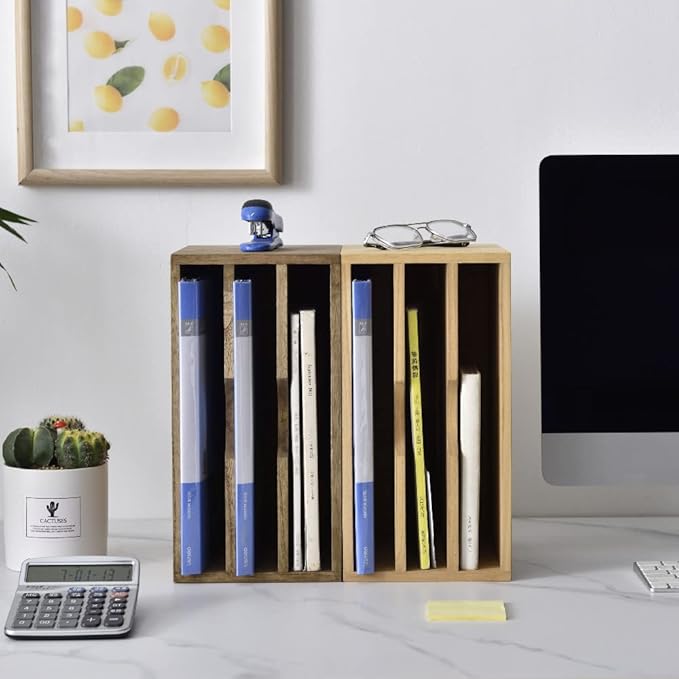 KIRIGEN Wooden Desktop Organizer Paper Storage Letter Tray File Sorter with 3 Layer Trays - Desk Rack Magazine File Dividers Holders for Home Office Accessories Dark Brown (3KWJG-DBR)
