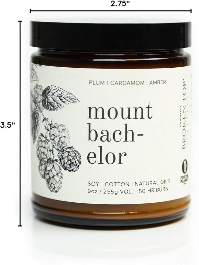Broken Top Mount Bachelor Pure Soy Candle | 9 oz. | Plum, Cardamom & Amber 50-Hour Burn Time. Natural Cotton Wick, Vegan, No Parabens, No Phthalates