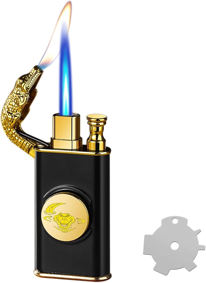 Torch Lighter, Magic Dual Flame Dragon Lighters with Adjusting Flame Tool, Creative Windproof Cool Design, Refillable Butane Lighter Gifts for Men Friend Outdoor Indoor(without Butane)-Black Crocodile