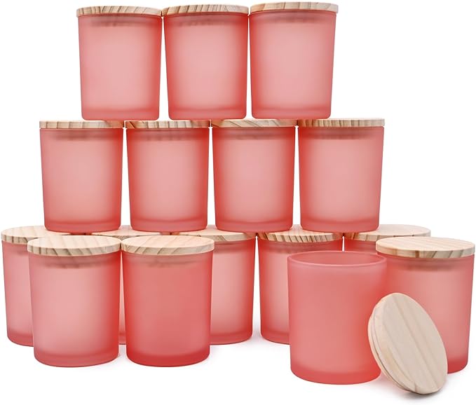 SHOWIN Thick Candle Jars for Making Candles 16 Pcs, 7 OZ Empty Jars with Wood Lids for Candle Making, Sample Container, Frosted Pink