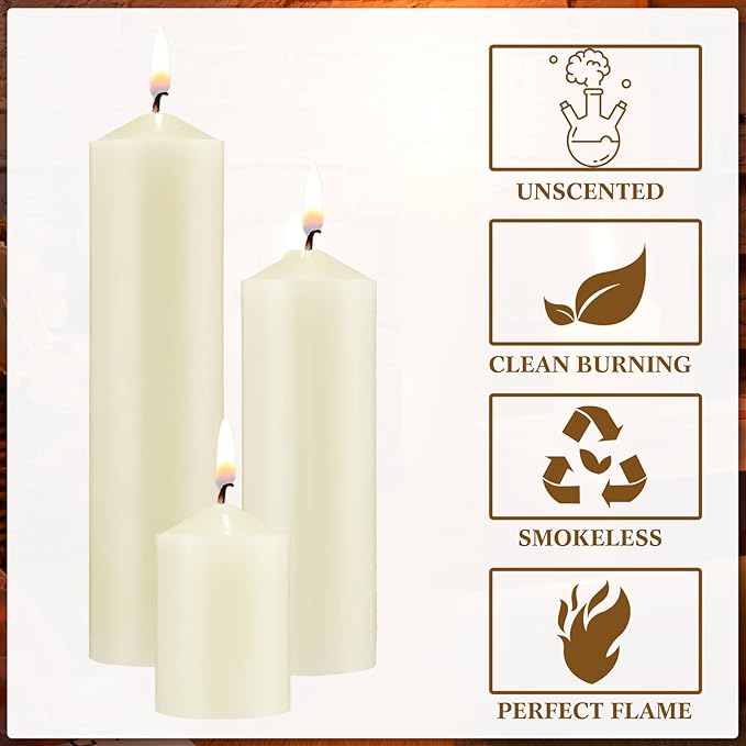 MTLEE 36 Pcs Pillar Candles Bulk Set of 3 Long Burning Wax Pillar Candles 2 in x 3, 6, 8 Inch Dripless Unscented Smokeless for Wedding Party Spa Lantern Fireplace Home(Ivory White)