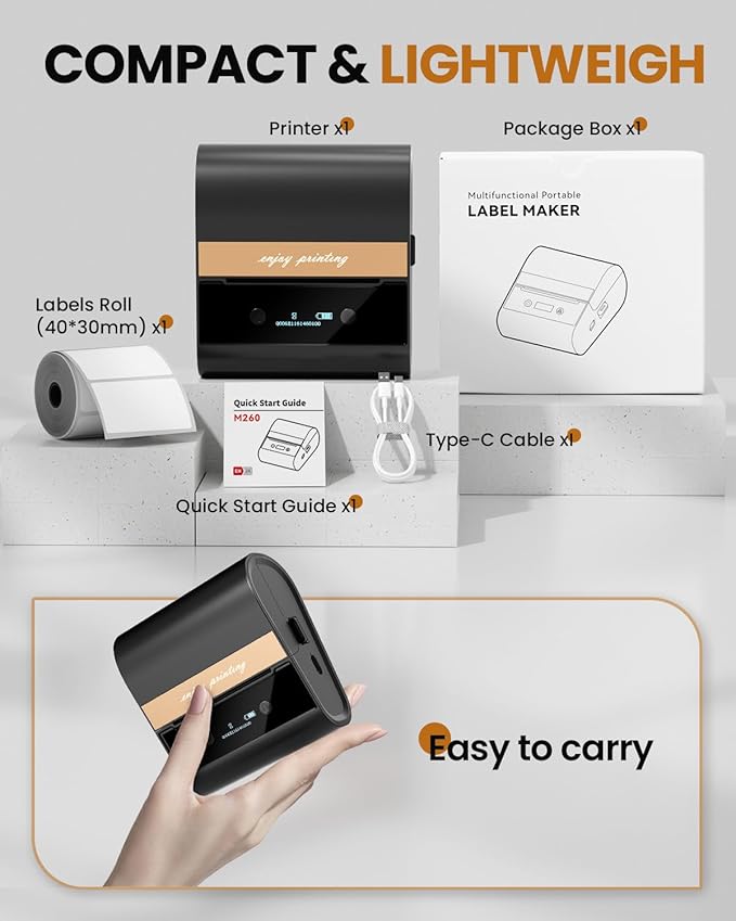 Large Label Maker 3 Inch - M260 Barcode Label Printer, Bluetooth Thermal Machine, Portable Wireless & Inkless for Small Business, Home, Office - Waterproof Label, Compatible with iOS/Android/PC, Black