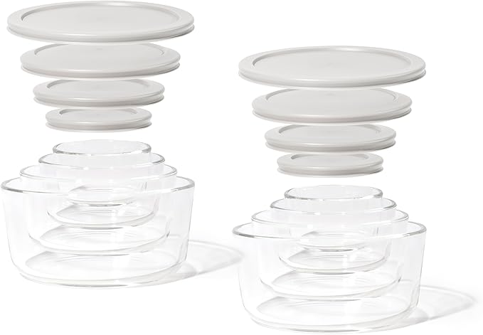 DURA LIVING 16-Piece Glass Food Storage Containers Set (8 Containers + 8 Lids) | Round, Nesting, Microwave & Dishwasher Safe | BPA-Free, Space-Saving | Grey Lids for Pantry & Kitchen Organization