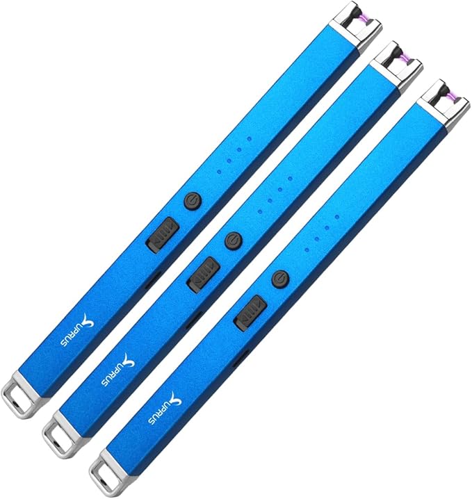 Electric Arc Windproof USB Lighter Flameless Rechargeable Lighter with Safety Lock for Candle (Blue, 3Packs)
