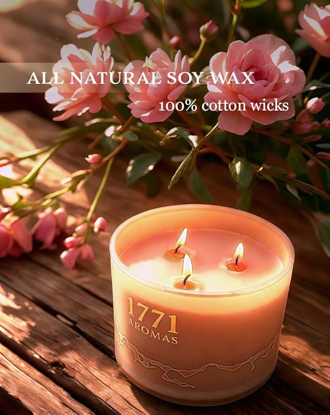 Wild Rose Scented Candles - 100% Natural Soy Wax - Large 3 Wick Jar Candle - Up to 50 Hours Burning Time - Candles for Home - Gift-Ready Candle for Men & Women - Aromatherapy