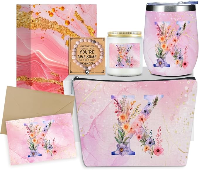 Personalized Gifts Monogrammed Birthday Gifts for Women, Soul Sister Bachelorette Party Wedding Christmas Initial Wine Tumbler Makeup Bag Scented Candle Bracelet Set, (Aesthetic Pink Flower K)