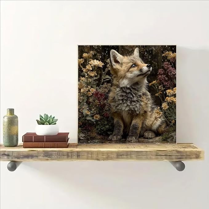 Diamond Art Kits for Adults Fox Diamond Painting Kit Flower, DIY Crafts for Adults 5D Full Square Drill Gem Art Embroidery Cross Stitch Painting Kit for Wall Decor, Birthday Girl 19.7x19.7inch 0-0E56