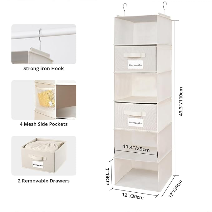 BrilliantJo 2 Pack 6 Shelves Hanging Closet Organizer with 2 Drawer, Hanging Storage with 4 Side Pockets for Clothes Shoes, 43.5"x12"x12"(Beige)