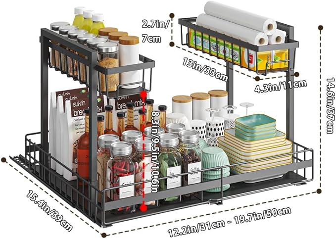 Expandable Under Sink Organizer with 3-Level Height Adjustment,2 Tier Under Sink Organizer Pull-Out Under Sink Drawers Cabinet Organizer for Kitchen & Bathroom Storage,Black