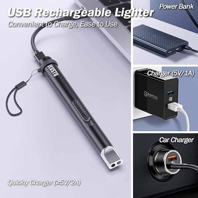 Candle Lighter, Electric USB Rechargeable, Arc Plasma Electronic Windproof Flameless Long Lighter with Safety Switch Hook for Kitchen, Black & Black