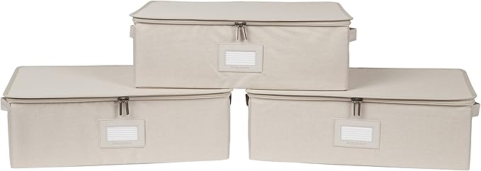 Covermates Keepsakes Zip-Top Storage Box Set, 3 Pack Heavy Duty Polyester Organizer Bins, Stackable Design, ID Window, Reinforced Handles, Closet Home Storage, Beige Heather