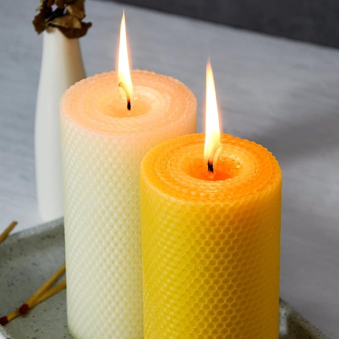 3PCS Beeswax Pillar Candles,Large Handmade Pure Beeswax Rolled Candle,Unscented & Dripless & Smokeless,3 * 6"