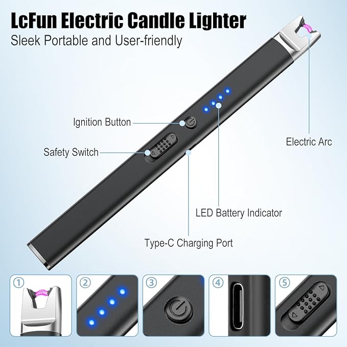 LcFun Candle Lighter Electric USB Rechargeable Plasma Arc Lighter with Safety Lock, Windproof Flameless Long Matches Lighters for Candle, Grill, BBQ, Camping, Gas Stoves