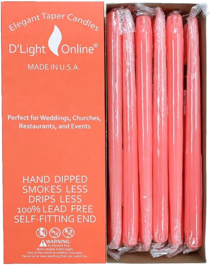 D'light Online Elegant 10" Unscented Coral Taper Candles, Premium Quality Hand-Dipped Tapered Candles, Dripless and Smokeless - Set of 12 Individually Wrapped (10 Inch, Coral)