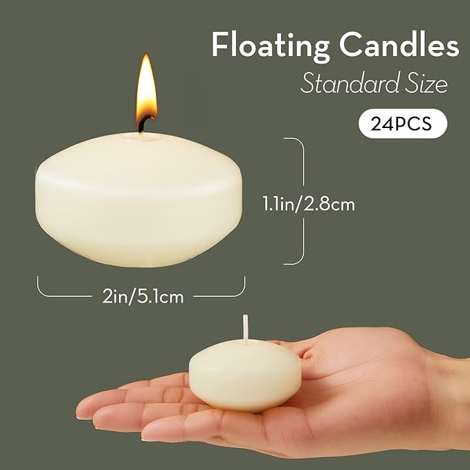 Crenovo Floating Candles Dripless, 5-6 Hour Clean Burn, 2 Inch Unscented Candles for Wedding, Party, Centerpieces, 24 Pack Water Candles Ivory Romantic Decoration