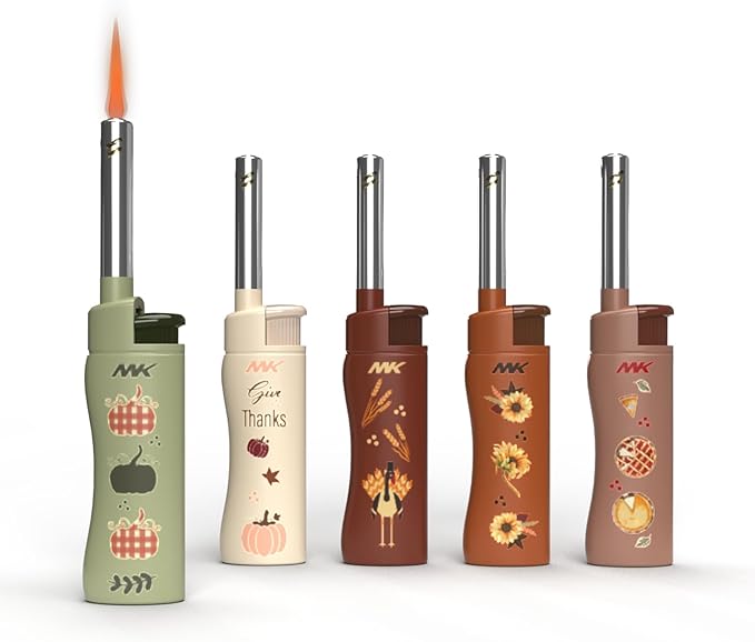 MK Lighter Collector’s Edition Refillable Candle – Multipurpose Jet Flame Butane with Long Wand for Indoor & Outdoor Use Gift Couples Friends Family (Harvest-5PC)