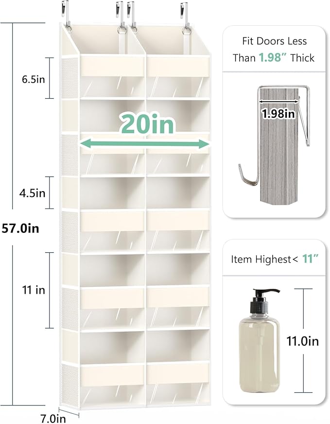 Heavy Duty Over The Door Organizer 5 Tiers, Extra Large Behind Door Storage of 10 Big Front & 10 Mesh Pockets, 80lb Weight Capacity, Hanging Doors Storage for Closet Bedroom Nursery, Beige