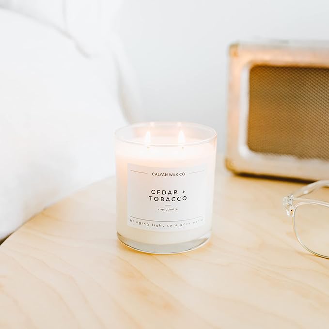 Calyan Wax Co. Cedar & Tobacco 2 Wick Scented Candle - 37 Hour Burn - Luxury Non Toxic Soy Wax Candles - Long Lasting Large Glass Jar Candle for Home - 8.8oz