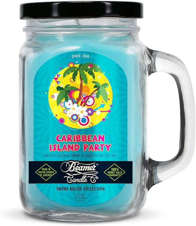 Caribbean Island Party Candle – Odor Eliminating, Strong Scent – Tropical Fruit & Warm Spice – Long Lasting 90 Hour Burn – Large 12oz Mason Jar – Made in USA – Beamer Candle Co.