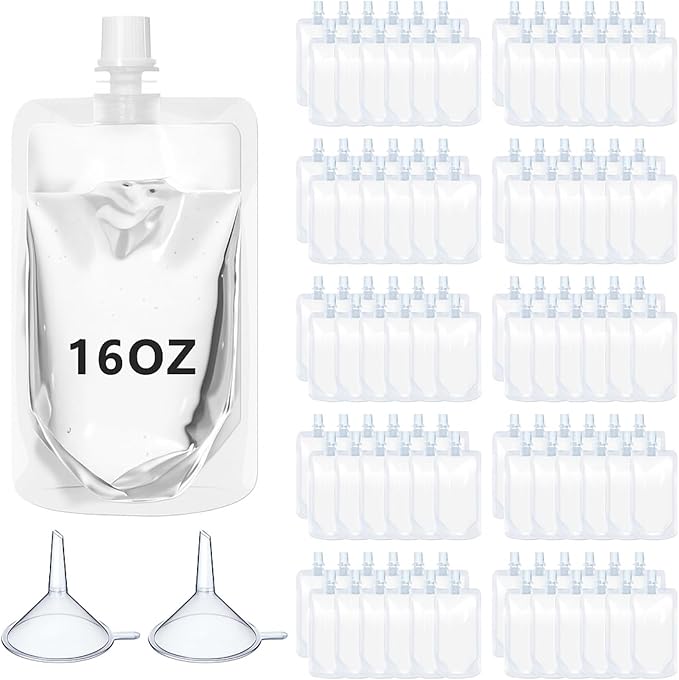 100 Pcs Plastic Pouches Bulk Clear Juice Bags Squeeze Pouches Plastic Leak Proof Bags with Funnel for Party Favors (16 oz)