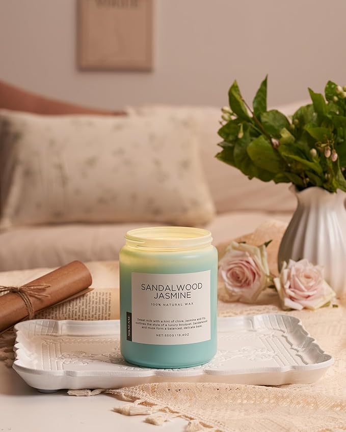M&SENSE Sandalwood Jasmine Scented Candles for Home, 19.4oz Natural Soy Wax, 110-Hour Long Lasting, Non Toxic Soy Candles Clean Burn, Spring Smelling for Mom, Aromatherapy Gifts for Housewarming