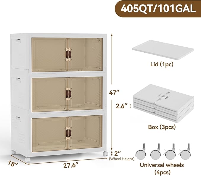 SAILUN 410QT/102Gal Stackable Storage Bins with a Lid, Collapsible Storage Bins With Doors, Folding Cabinet for Home Closet Organization,3 Pack-28 W x 18" D x 47" H White
