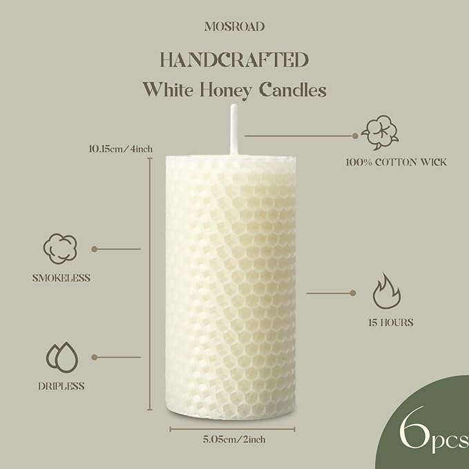6 Packs White Beeswax Candles, Hand-Rolled Beeswax Pillar Candles, Smokeless & Unscented,Ivory Handmade Honeycomb Candle for Home Gift Ideas, Candle Lovers, Home Decor, 2" x 4"