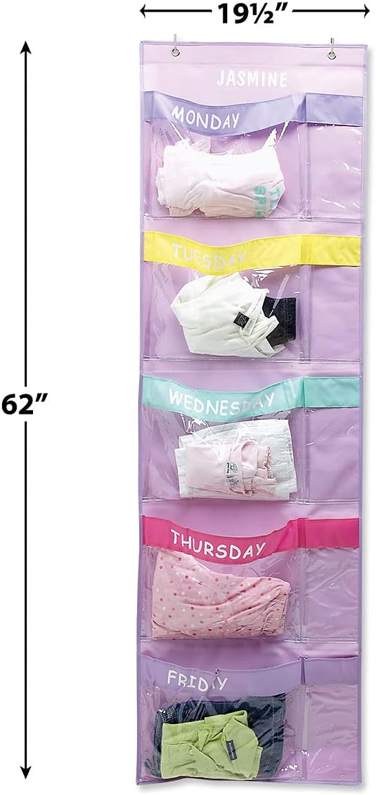 Lillian Vernon Pastel Colors Days Of The Week Hanging Clothing Organizer – Personalize With Name, Weekly Monday-Friday Over Door Weekday Kids Clothes Storage System, Sturdy Pastel Poly, 19-1/2" x 62"