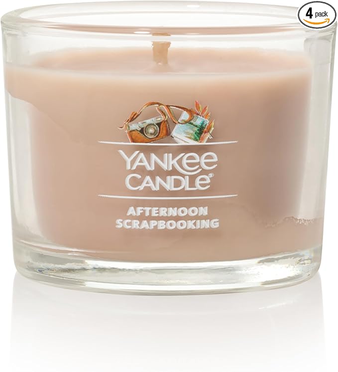 Yankee Candle Signature Votive Mini Candle Jar, Afternoon Scrapbooking, Natural Soy Wax Blend Candle with Natural Fiber Wick, 1.3 OZ Glass Jar (Pack of 4)
