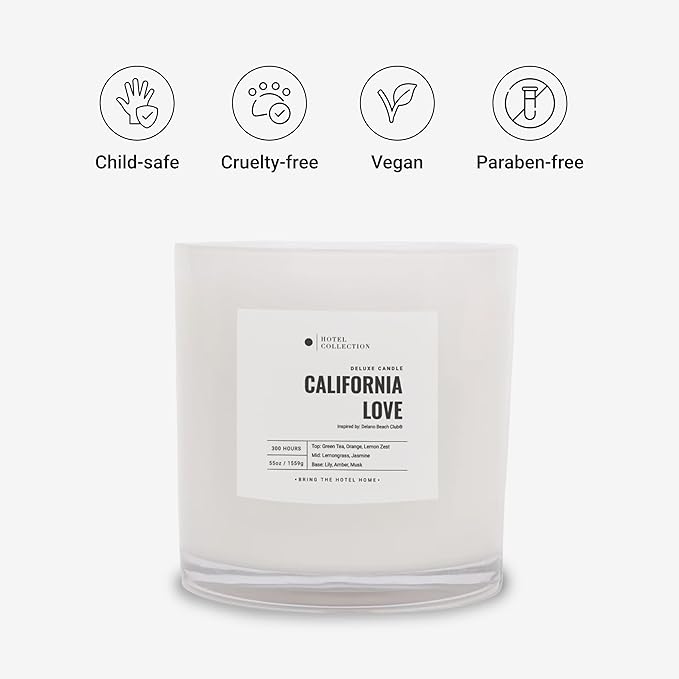 Hotel Collection - California Love Four Wick Deluxe Candle - Hotel Inspired Luxury Candle - 300-Hour Burn Time - Hints of Green Tea, Orange, and Lemongrass - 55 oz - White
