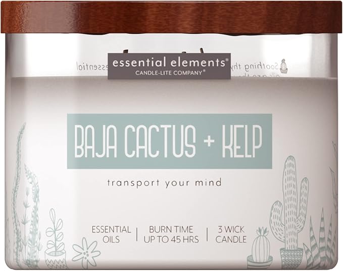 Essential Elements by Candle-lite Scented Candles, Baja Cactus & Kelp Fragrance, One 14.75 oz. Three-Wick Aromatherapy Candle with 45 Hours of Burn Time, Off-White Color