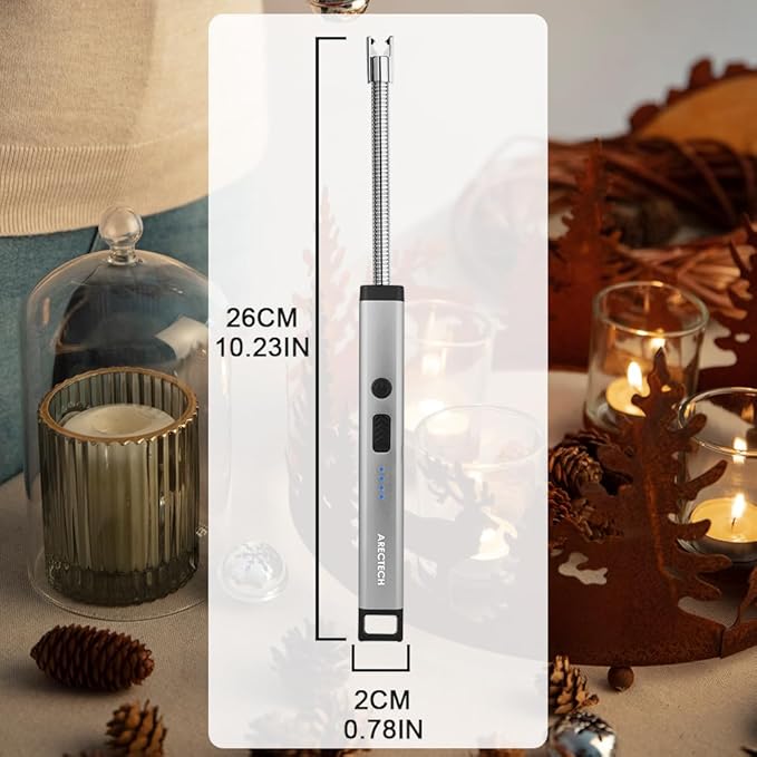 ARECTECH Candle Electric Lighter Rechargeable USB Arc Lighters for Candle Camping Fireworks Christmas Birthday Gifts with LED Light for Men Women Silver
