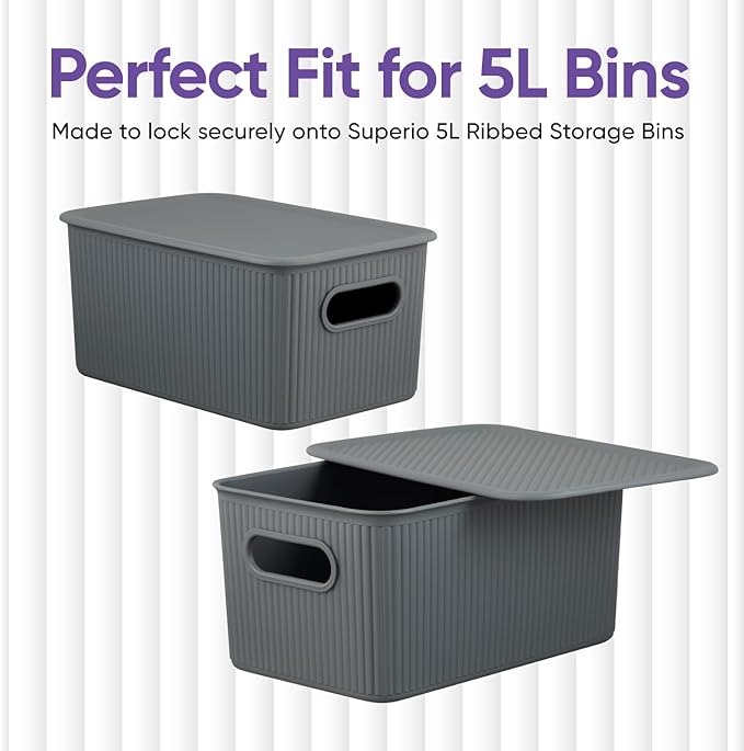 Superio Ribbed Collection Lid for Decorative Plastic Basket Open Home Storage Bins Organizer Baskets, Medium Grey - for Organizing Closet Storage Bins for Shelves Drawer Shelf 5 Liter
