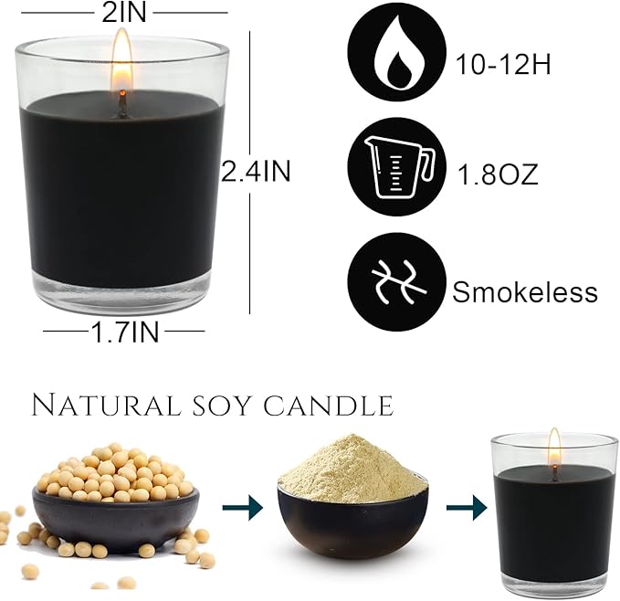 20 Packs Unscented Black Votive Candles in Glass, Small 2 Inch Soy Wax Candles for Halloween Wedding Party Home Holidays Relaxation Spa