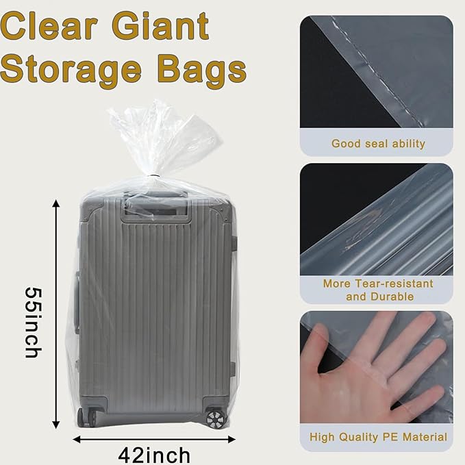 8 Pcs 45x65 inches Extra Large Clear Plastic Bags Perfect for Car Seat, Luggage, Suitcase, Stroller, Chair, Kids Bike and Furniture Storage (2 Mil Flat Bags, Include 8 Ties)