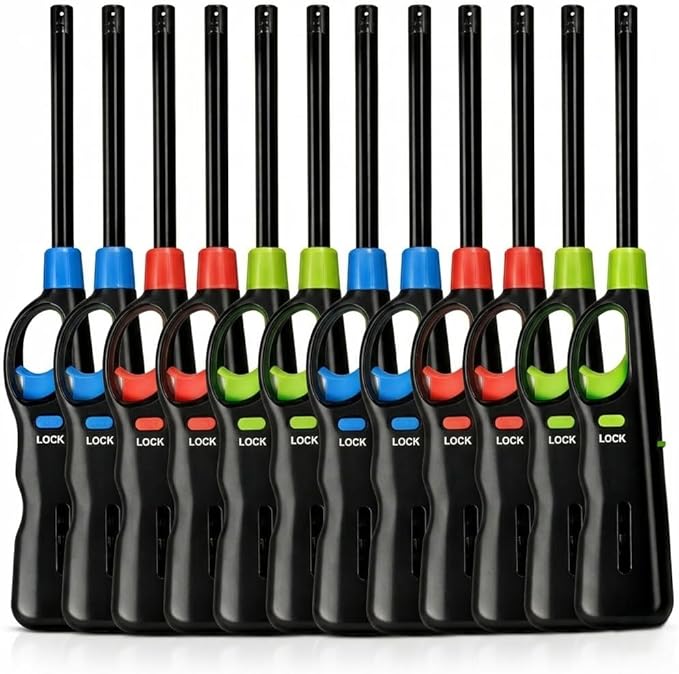 Long Reach BBQ Utility Lighters with Safety Lock, 12 Pack, Multipurpose for Grill, Candles, Stove, Fireplace, Assorted Colors
