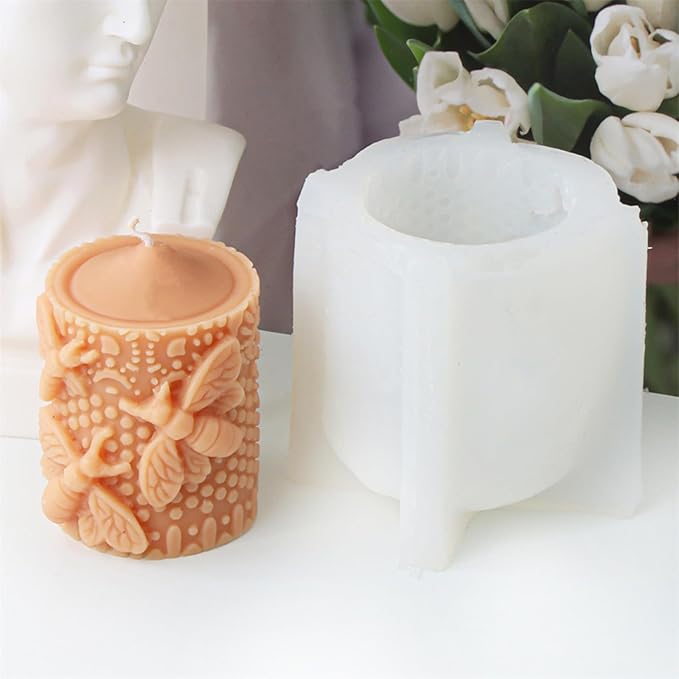 Bee Lace Trim Cylinder Candle Mold, Honeybee Beehive Pillar Silicone Mold for Beeswax Candle, Soy Wax Candle, Plaster Ornament, DIY Crafts (H)