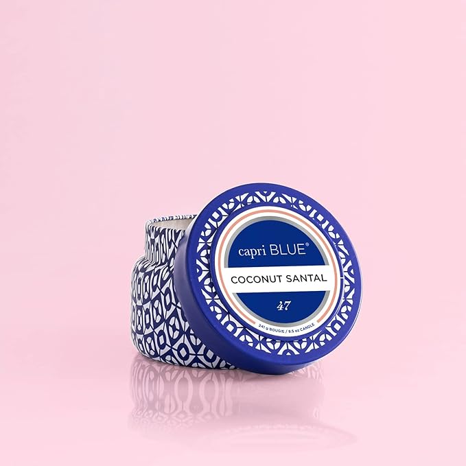 Capri Blue Printed Travel Tin Jar Candle - Luxury Candle with a Soy Wax Blend - Blue Candle with Lid - Scented Candles for Home with Notes of Hibiscus, Lime, Coconut & Amber (Coconut Santal, 8.5 oz)