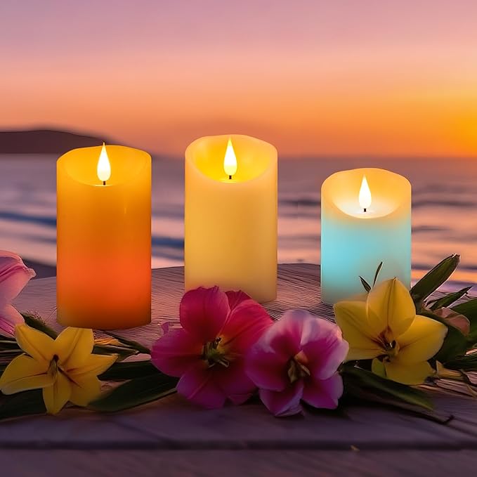 Rechargeable Colored Candles with Remote - LED Pillar Candles with USB Charging Cable, 3D Realistic Flame, Real Wax Flameless Candles for Christmas Decor and Romantic Home Decor – 4" 5" 6" H, 2.95" D