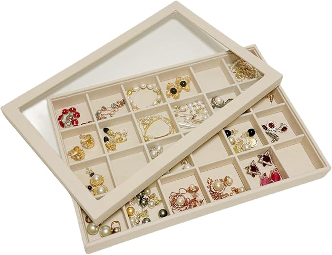 Top Lid for Large Beige Premium Quality Velvet Jewelry Display Box Tray Stackable Practical Trade Show Home Store Glass Lid
